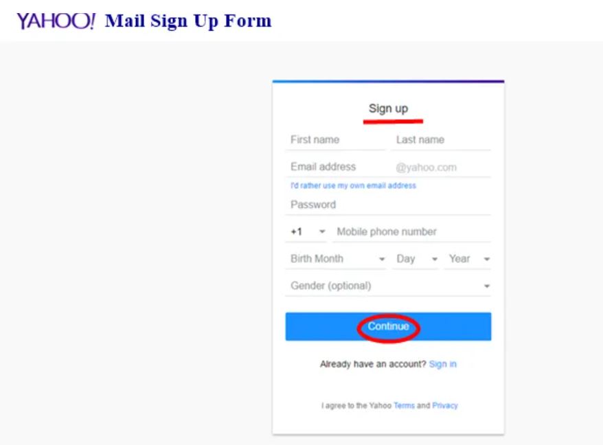 yahoo mail sign up form 